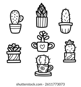 Cute hand drawn vector illustration set of type of aesthetic cactus in pottery icon
