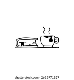 cute hand drawn vector illustration of books and coffee in black and white style