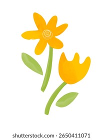 Cute Hand Drawn Vector Illustration Of YellowTulip And Daisy Flower. Childish Drawing-like Blooming Flowers. Simple Yellow Flowers On a White Background. Nursery Art. Kids' Room Decoration. RGB.