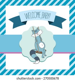 Cute hand drawn vector illustration of pregnant raccoon on a swings. Template for greeting card or invitation.
