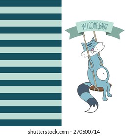 Cute hand drawn vector illustration of pregnant raccoon on a swings. Template for greeting card or invitation.