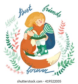 Cute hand drawn vector illustration with a girl hugging a fox. Lettering "Best friends forever".
