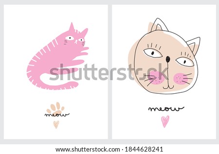 Cute Hand Drawn Vector Illustration with Funny Cream and Pink Cats Isolated on a White Background. Simple Infantile Style Nursery Art for Cat Lovers ideal for Wall Art, Card, Invitation.