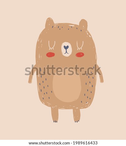 Cute Hand Drawn Vector Illustration with Little Bear. Lovely Nursery Art with Funny Brown Bear on a Dusty Beige Background. Simple Abstract Print ideal for Card, Wall Art,Poster, Woodland Party Decor.