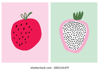 Cute Hand Drawn Vector Illustrations with Simple Abstract Fruits on a White Background. Pink-White Pitaya with Irregular Black Spots Isolated on a Mint Green. Infantile Style Red Apple on a Pink.