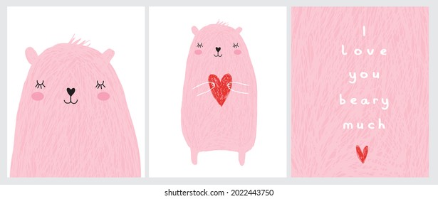 Ilustraciones de vectores dibujados a mano con oso rosa pastel sosteniendo un gran corazón rojo. Dulce arte de guardería al estilo infantil con oso bebé en un fondo blanco para tarjeta, arte en la pared, afiche, Día de San Valentín.