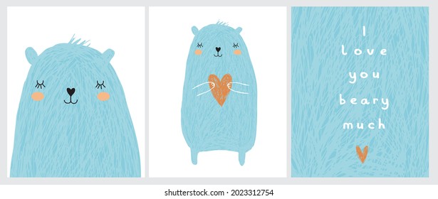 Cute Hand Drawn Vector Illustrations with Blue Bear Holding a Big Orange Heart. Sweet Infantile Style Nursery Art with Baby Bear on a White Background for Card, Wall Art, Poster, Valentine's Day.