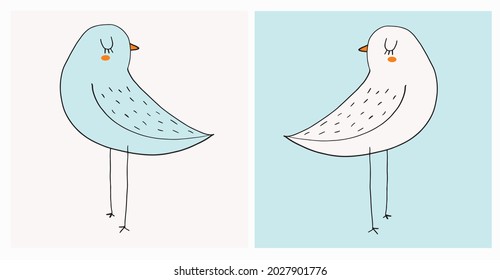 Cute Hand Drawn Vector Illustrations with Funny Birds on an Off-White and Pastel Blue Background. Sweet Infantile Style Nursery Art with Dreamy Birds ideal for Card, Wall Art, Poster, Decoration.