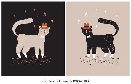 Cute Hand Drawn Vector Illustrations with Sweet Cats in the Hats. Lovely Nursery Print with Funny Kitties on a Black and Beige Background ideal for Card, Poster, Wall Art, Cat Lovers.