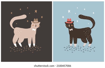Cute Hand Drawn Vector Illustrations with Sweet Cats in the Hats. Lovely Nursery Print with Funny Kitties on a Brown and Dusty Blue Background ideal for Card, Poster, Wall Art, Cat Lovers.