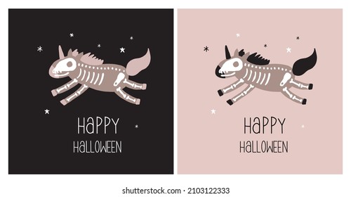Cute Hand Drawn Vector Illustrations with Sweet Unicorn Skeletons. Lovely Halloween Print with Funny Magic Unicorns on a Black and Pastel Pink Background ideal for Card, Wall Art, Poster, Invitation. 