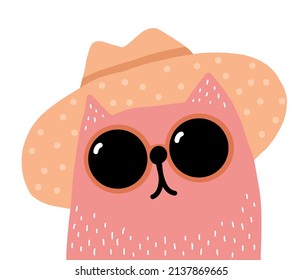 Ilustraciones de vectores dibujados a mano con gato dulce en el sombrero. Impresión encantadora de guardería con un divertido Kitty rosa sobre fondo blanco ideal para los amantes de las cartas, los afiches, las paredes y los gatos.