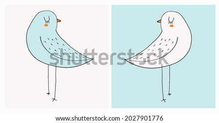 Cute Hand Drawn Vector Illustrations with Funny Birds on an Off-White and Pastel Blue Background. Sweet Infantile Style Nursery Art with Dreamy Birds ideal for Card, Wall Art, Poster, Decoration.