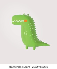 Cute Hand Drawn Vector Illutration with Green Alligator Toy on a Light Gray Background. Sweet Green Crocodile Print ideal for Wall Art, Poster, Decoration. Sweet Dino Party Print.