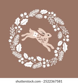 Cute hand drawn vector jumping rabbit in wreath. Perfect for tee shirt logo, greeting card, poster, invitation or nursery print design. EPS 10 vector file.