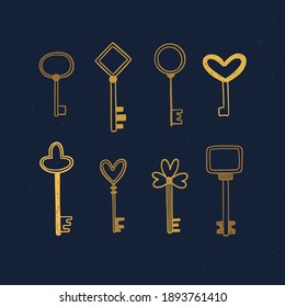 Cute hand drawn vector keys on dark background. Yellow keys vector set