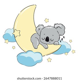 Bela mão desenhada vetor Koala dormir na Lua com estrelas e nuvens no fundo branco