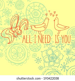 Cute hand drawn vector love card with birds  and flowers