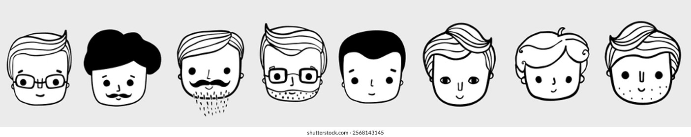 Cute hand drawn vector male face icons, men avatars with beards, mustaches, different expressions and hairstyles