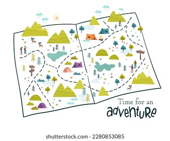 Cute hand drawn vector map with camping doodles, tents, landscape and trails, great for textiles, banners, wallpapers