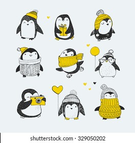 Cute hand drawn, vector penguins set - Merry Christmas greetings