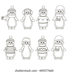 Cute hand drawn, vector penguins set - Merry Christmas greetings