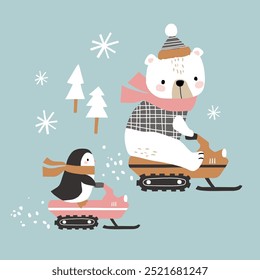 Cute hand drawn vector polar bear and penguin on snowmobile. Perfect for tee shirt logo, greeting card, poster, invitation or nursery print design. EPS 10 vector file.