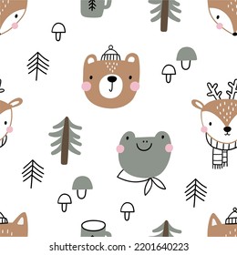 Cute hand drawn vector print - Camping, cartoon animals, bear, fox, deer, frog, woodland tree, mushroom, berry, mountains, leaves. Summer camp in forest