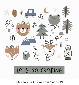 Cute hand drawn vector print - Camping, cartoon animals, bear, frog, fox, deer, woodland tree, mushroom, berry, mountains, leaves. Summer camp in forest