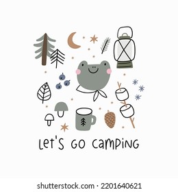 Cute hand drawn vector print - Camping, cartoon animals, frog, woodland tree, mushroom, berry, mountains, leaves. Summer camp in forest