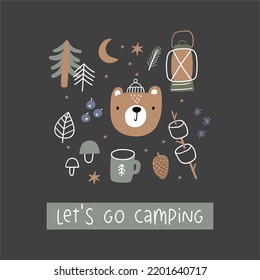 Cute hand drawn vector print - Camping, cartoon animals, bear, woodland tree, mushroom, berry, mountains, leaves. Summer camp in forest