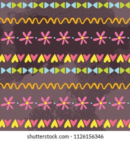 Cute hand drawn vector seamless boho style childish naive pattern background with geometric and flower ornament