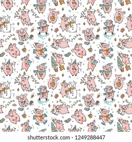 Cute hand drawn vector seamless pattern with pigs doing winter activity, knitting, ice skating, drinking hot chocolate, decorating christmas tree, giving presents, reading, making snowman