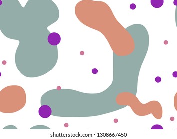 Cute hand drawn vector seamless pattern. Grey, brown spots and purple circles isolated on white background. Unique abstract texture for invitations, cards, websites, wrapping paper, textile