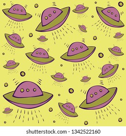 Cute hand drawn vector seamless pattern. purple, green flying saucer, ufo, spaceship isolated on yellow background. Unique abstract texture for invitations, cards, websites, wrapping paper, textile