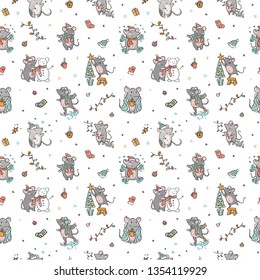 Cute hand drawn vector seamless pattern with rats doing winter activity, knitting, ice skating, drinking hot chocolate, decorating christmas tree, giving presents, reading, making snowman