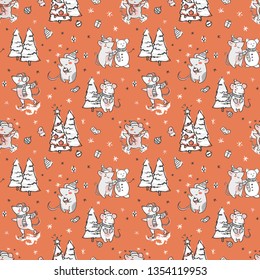 Cute hand drawn vector seamless pattern with rats doing winter activity, knitting, ice skating, drinking hot chocolate, decorating christmas tree, giving presents, reading, making snowman