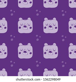 Cute hand drawn vector seamless pattern. Purple teddy bear, closed eyes isolated on  background. Unique abstract texture for invitations, cards, websites, wrapping paper, textile. Animals, wildlife
