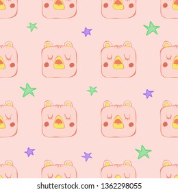 Cute hand drawn vector seamless pattern. Pink teddy bear, star, closed eyes isolated on background. Unique abstract texture for invitations, cards, websites, wrapping paper, textile. Animals, wildlife