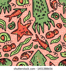 Cute hand drawn vector seamless pattern with water creatures. Underwater life. Fish, octopus, squid, starfish, shell, scallop, seaweed.

