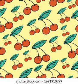 Vector de tracción a mano sin fisuras con cerezas. Ilustración estilo Doodle sobre fondo amarillo. Diseño para tarjetas estacionales, papel de envolver, textiles, tela, etc.