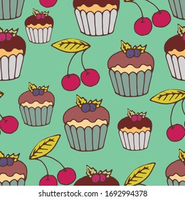 Cute hand drawn vector seamless pattern with cupcakes and cherries. Doodle style illustration on red background. Design for seasonal cards, wrapping paper, textile, fabric, etc