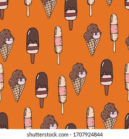Cute hand drawn vector seamless pattern with ice cream. Doodle style illustration on orange background. Design for seasonal cards, wrapping paper, cafe menu, textile, fabric, etc