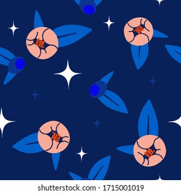 Cute hand drawn vector seamless pattern with peony flowers. Floral blue Background with white shine. Template for invitations and package design