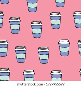 Cute hand drawn vector seamless pattern with coffee mug. Doodle style illustration on pink background. Design for seasonal cards, wrapping paper, textile, fabric, etc