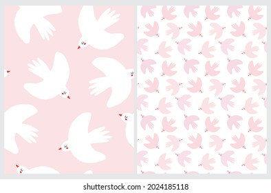Cute Hand Drawn Vector Seamless Patterns with Pink and White Birds on a White and Pastel Pink Background. Sweet Infantile Style Print with Flying Doves ideal for Fabric, Textile, Wrapping Paper.