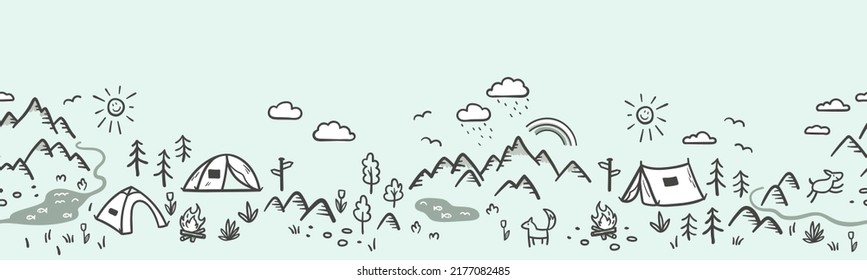 Cute hand drawn vector seamless pattern with camping doodles, tents, landscape and trails, great for textiles, banners, wallpapers-