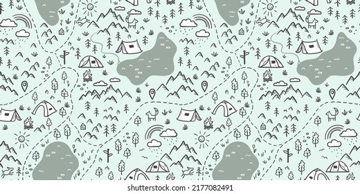 Cute hand drawn vector seamless pattern with camping doodles, tents, landscape and trails, great for textiles, banners, wallpapers-