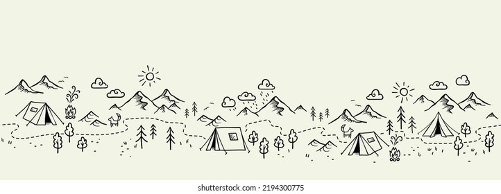 Cute hand drawn vector seamless pattern with camping doodles, tents, landscape and trails, great for textiles, banners, wallpapers