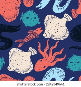 Cute hand drawn vector seamless pattern with marine fish and animals in linocut design